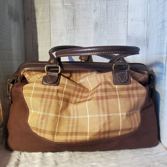 Eddie Bauer Brown Tan Plaid Double Handle Weekender Bag - Picture 6 of 11